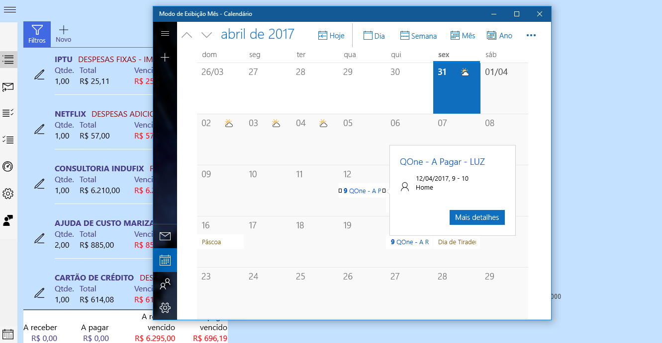 Integração com o calendário do Windows 10