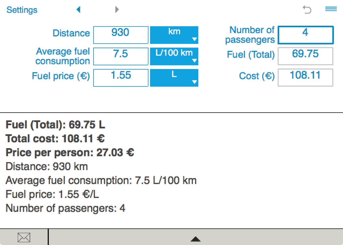 Fuel cost calculator supports imperial (MPG US or MPG UK) and metric (km/L or L/100 km)) units.