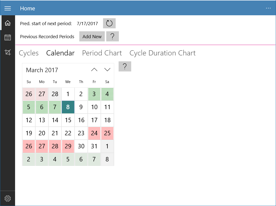 View your cycles on a calendar and see predictions for cycles in the future!