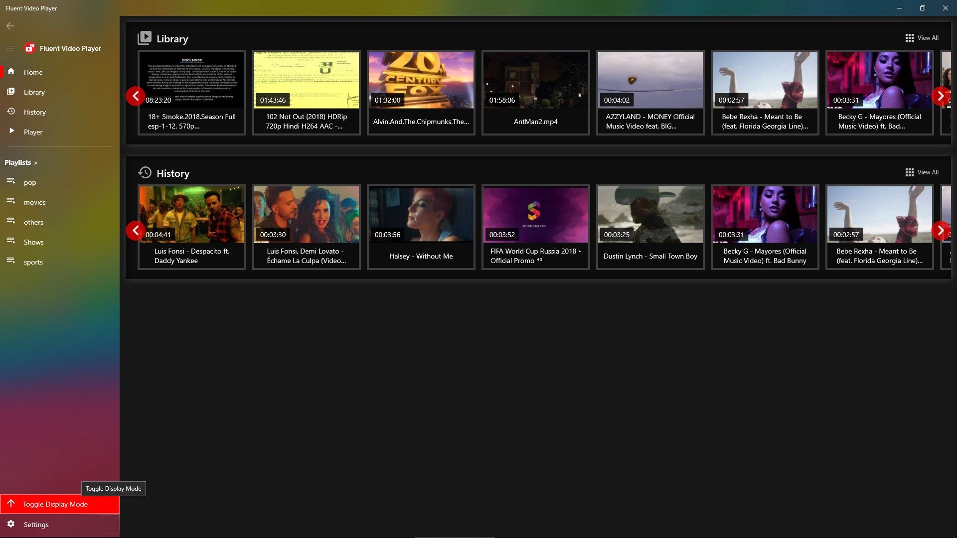 Home Page showing Video Library and History.