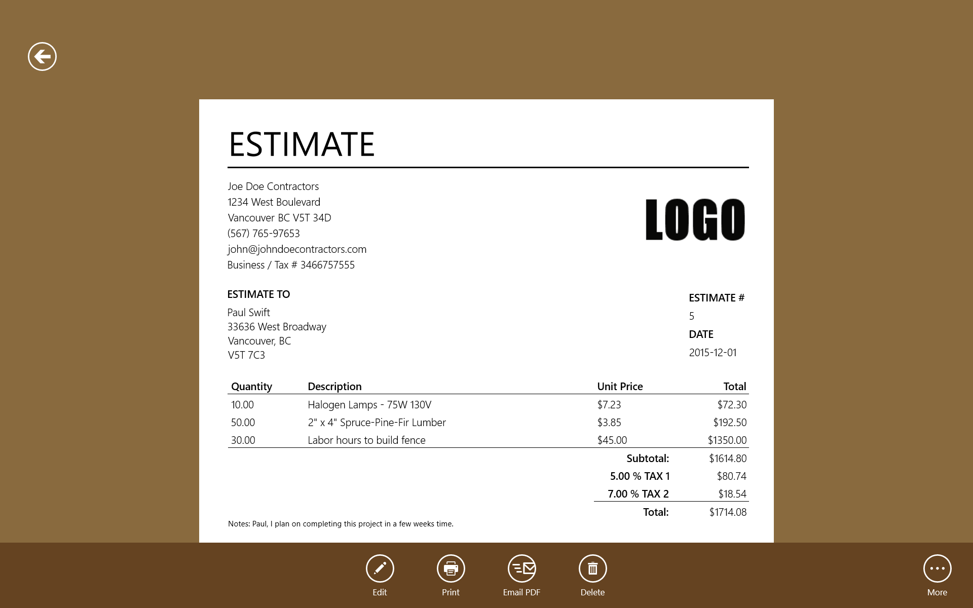 Create a professional looking estimate in a few minutes time and email it to your client.