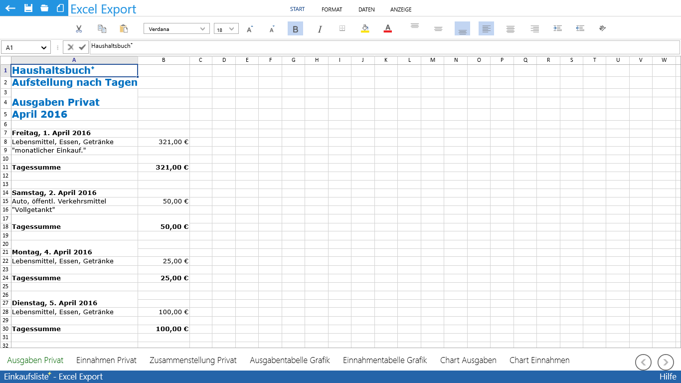 Excel Export mit Kalkulationsblatt