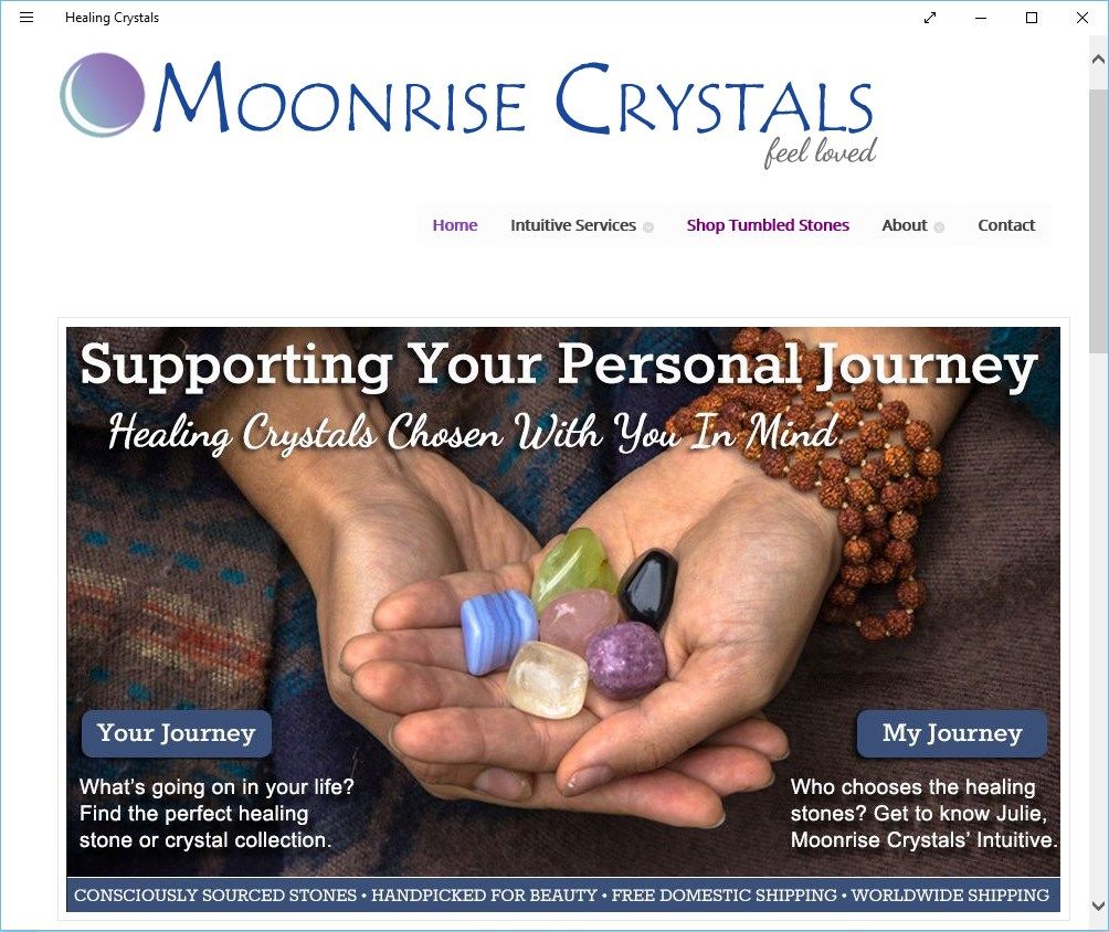 First screen you see in the app - Moonrise Crystals' Homepage