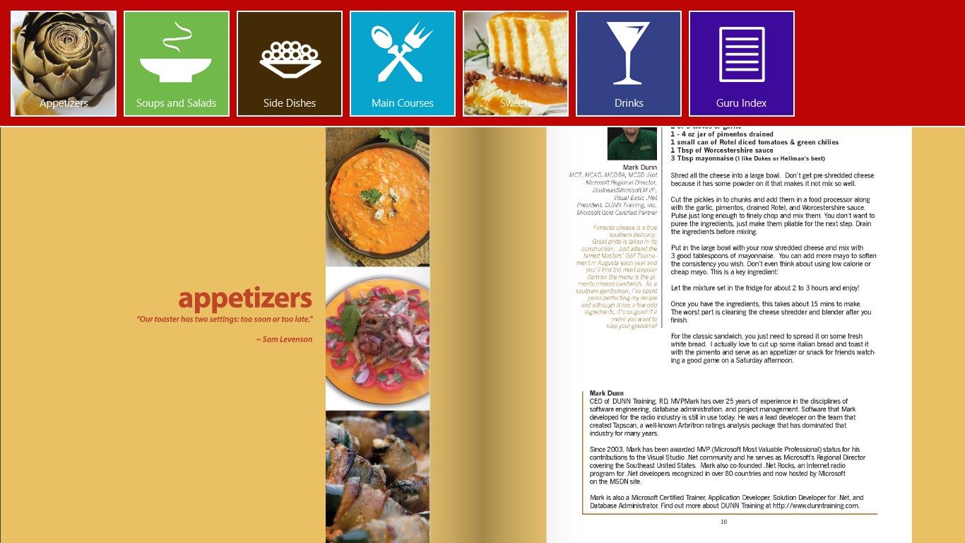 Browse recipes in six categories: appetizers, soups & salads, sides, main courses, sweets and drinks.