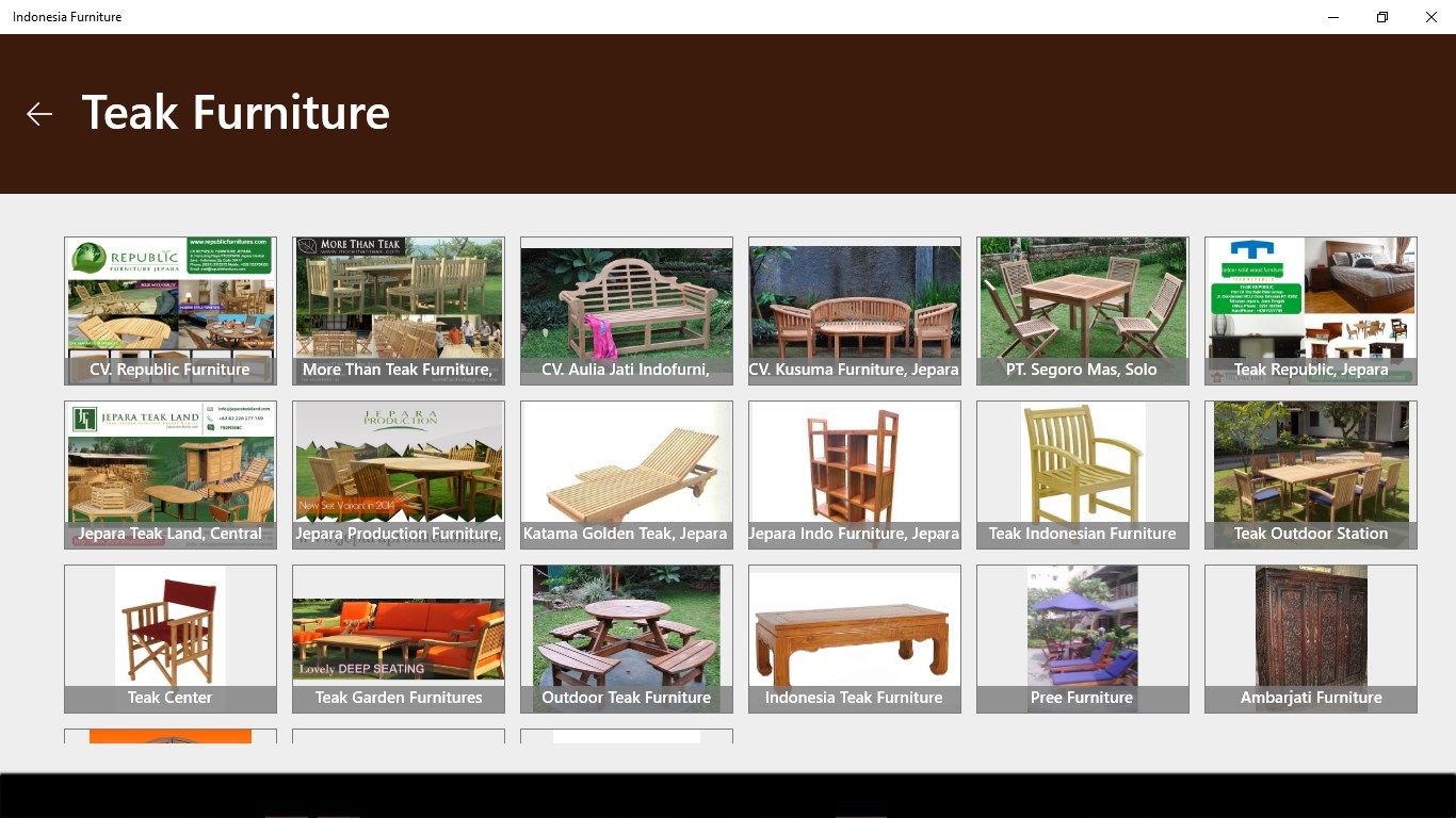 Menu Teak furniture, main menu of the application, that shows many products made of teak. Get more information about the products by clicking each menu.