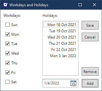 Use 'Workdays' toolbar button to specify the weekdays that you work and any holiday or vacation days. These affect workday constraints and non-/workday offsets.