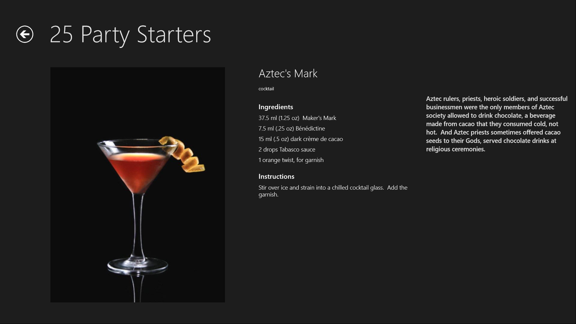 Each drink shows a beautiful image, ingredients directions and anecdotes