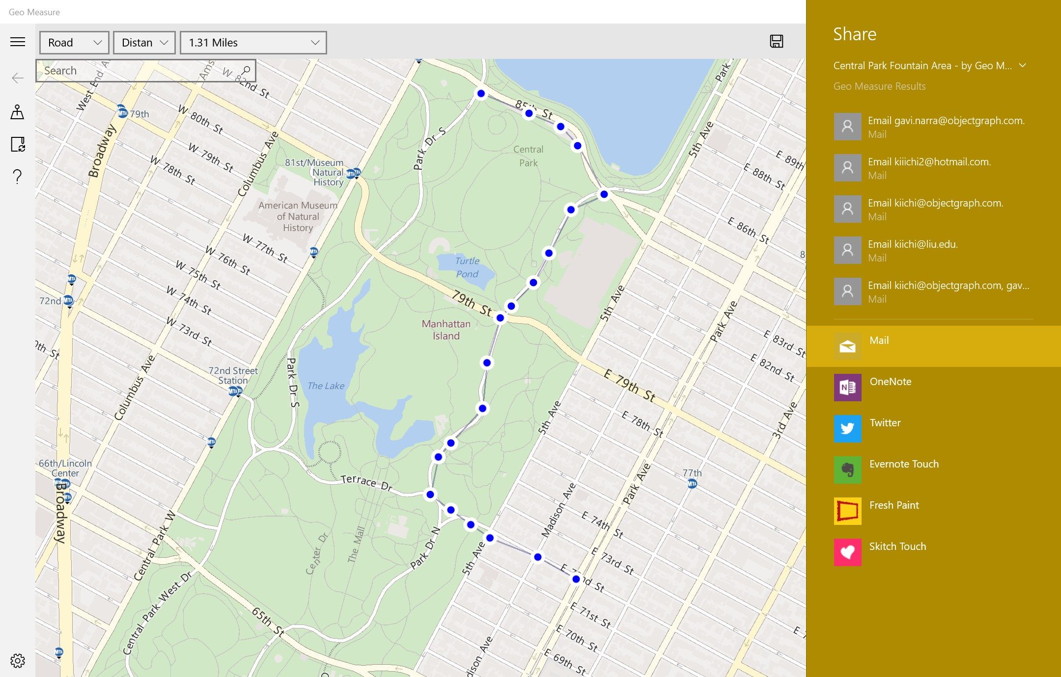 Share the measurement result in various formats: PNG, CSV, KML and GeoJSON. Email the result to yourself or save it in your favorite cloud. OneNote, Evernote, DropBox, etc... We make your life easier in multiple devices.