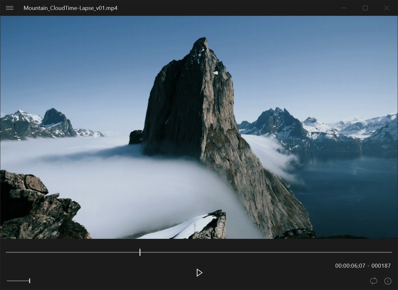 Video playback with position displayed in SMPTE timecode and frame count.