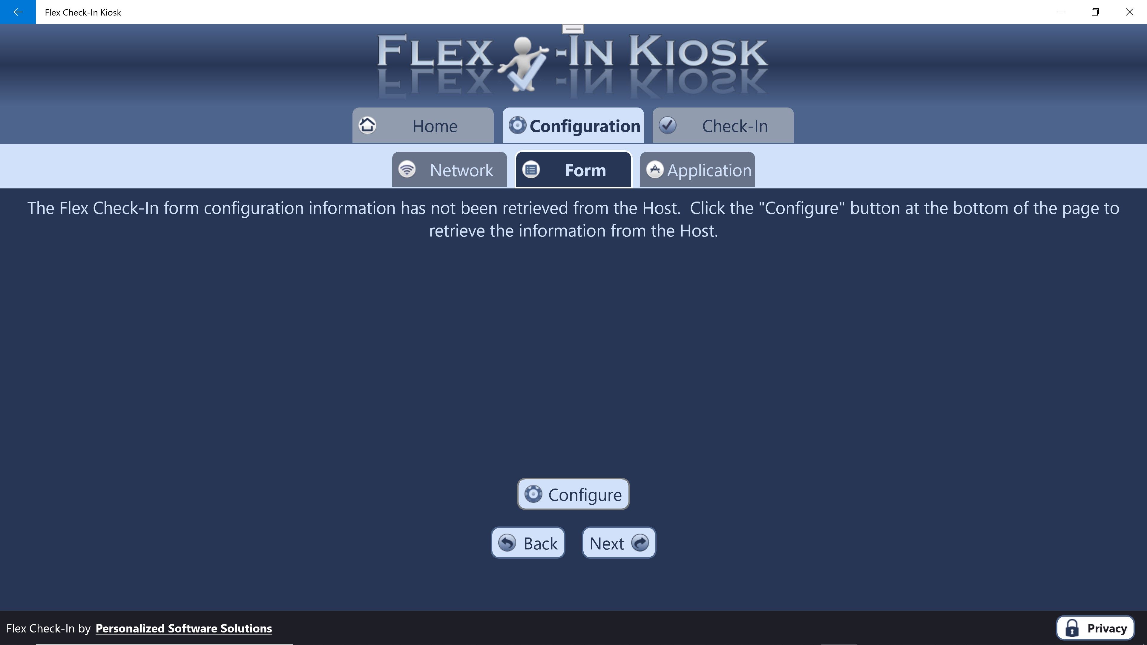 Click the Configure button to retrieve your Check-In form from the Flex Check-In Host.