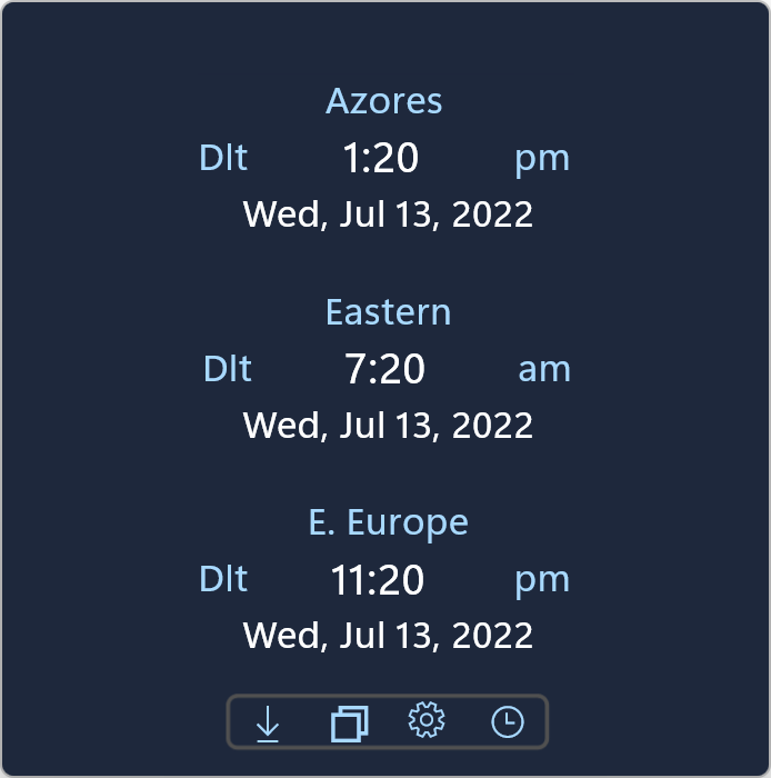 This is the main window with three different time zones displayed