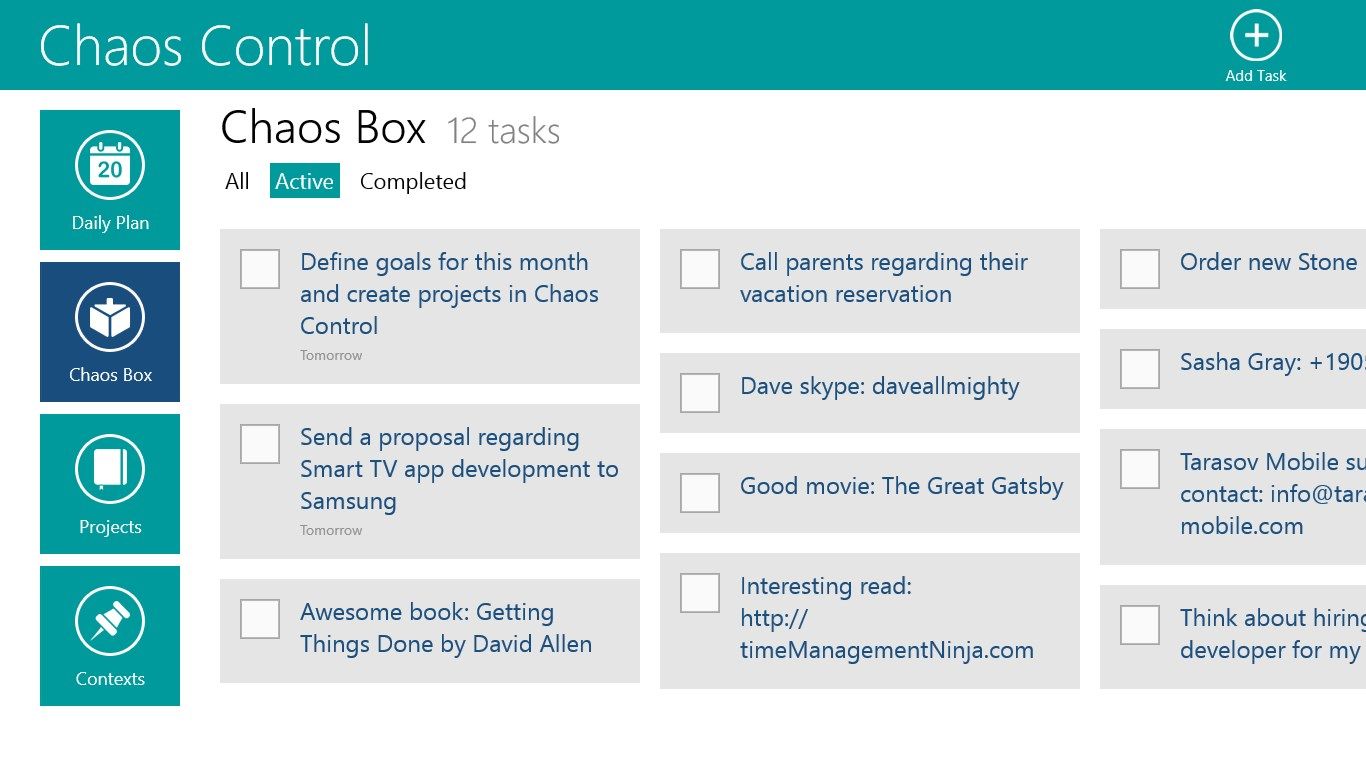 Put all the incoming and unsorted tasks, notes, memos and ideas into Chaos Box to process them later