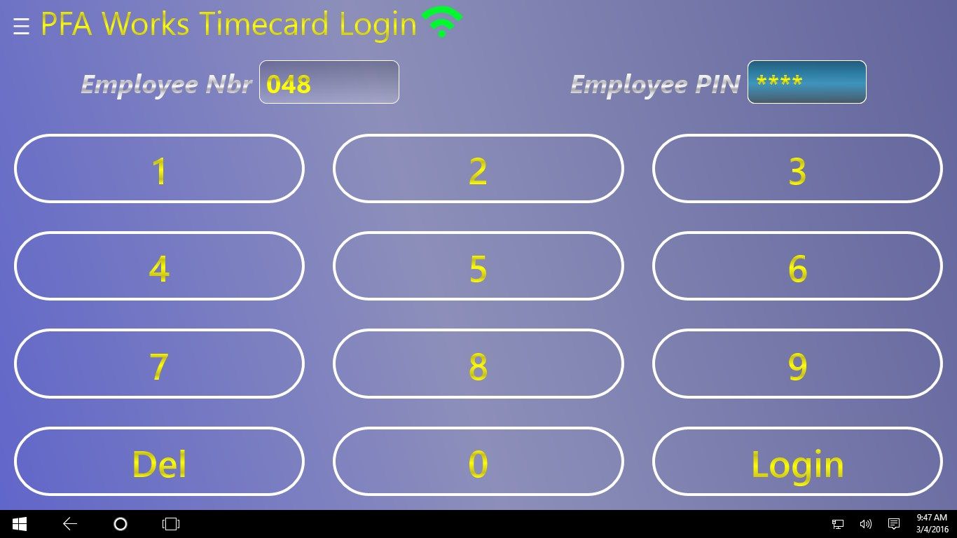 Employees login with their employee number and an assigned PIN