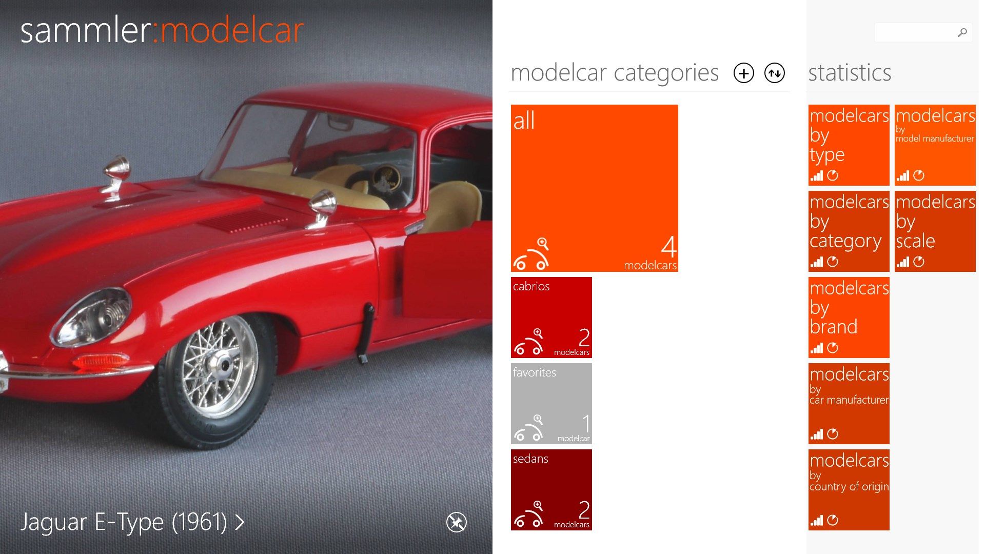 Homepage with user-defined model car categories and information about the collection