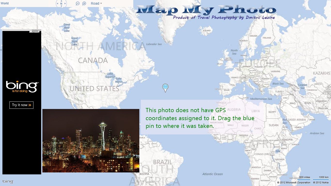 If photo does not have assigned GPS location then you'll see a blue pin and will be able to drag it to location on the map where it was taken