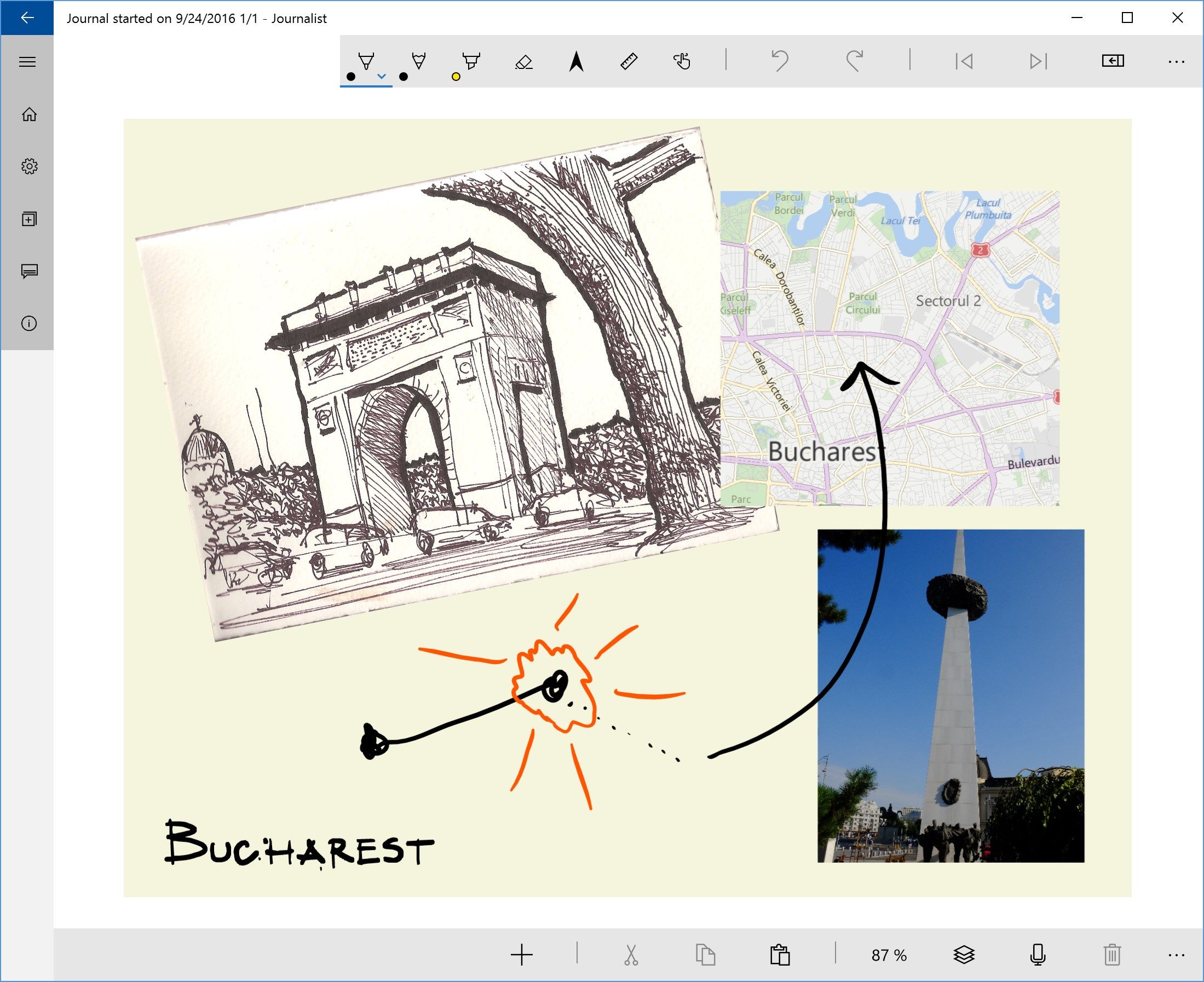 Make journal pages with sketches, maps, images, video, audio, and text.