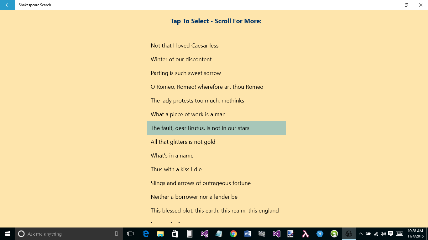 Samples Page: Select from a list of well-known phrases from Shakespeare's plays to see what play it is from and who the speaker is. You can then listen to an audio of the speech.