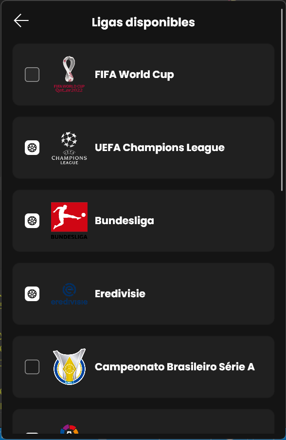 Match options for World Cup, Champions League, Bundesliga, Edervisie, Brasileiro Serie A