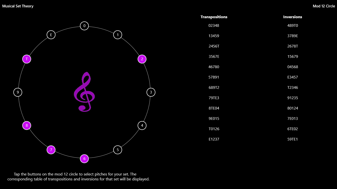 This is the main page where you can select pitches and see corresponding transpositions and inversions.
