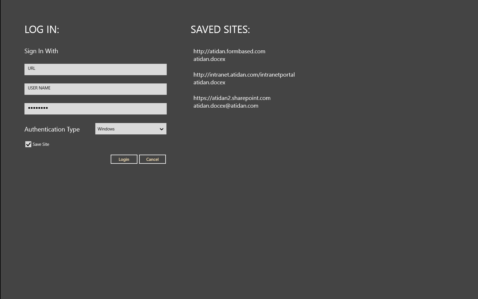 Starting screen with Login and Saved Site