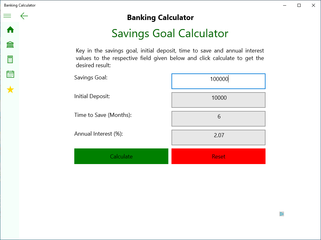 Savings Goal Calculator User Input Screen