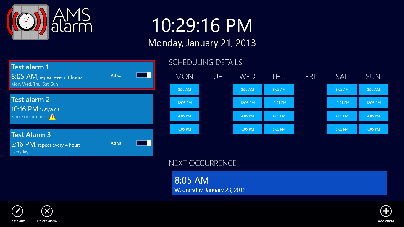 Main screen, alarm listing and planned schedule