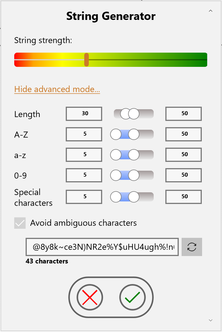 String generator screen to help generate passwords or user names (advanced mode)