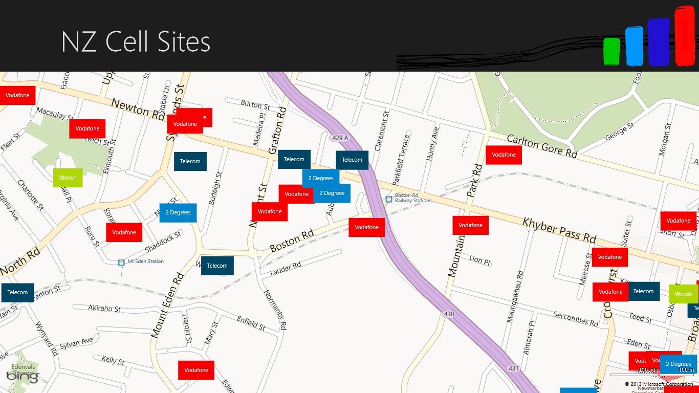 Map view of cell sites around the Auckland CBD