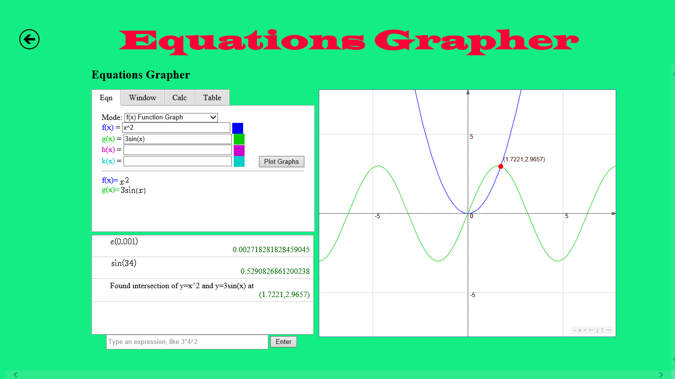 Evaluate expressions like " e^(0.001) & sin(34) " / Evaluate intersection of graphs.