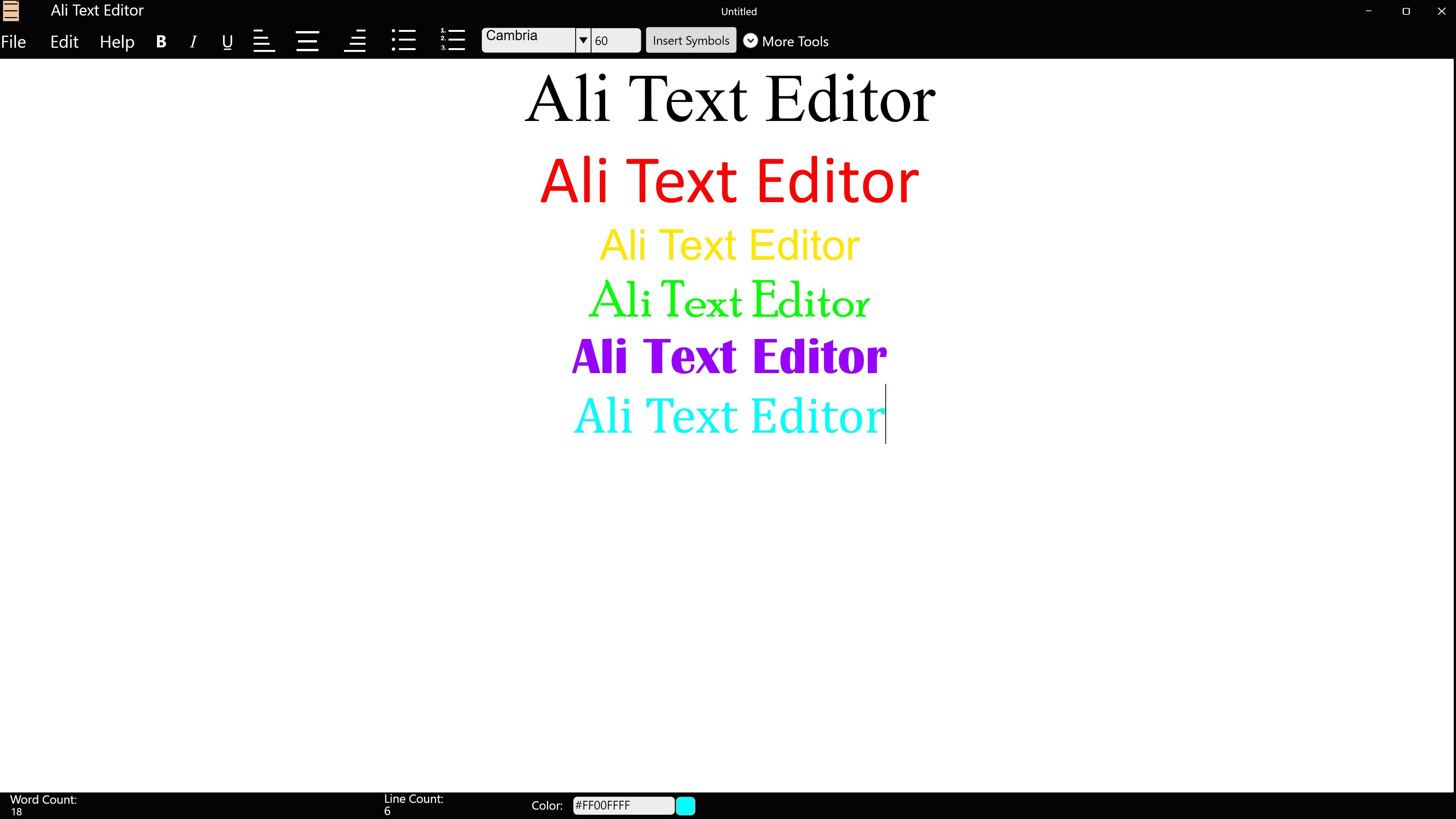 Ali Text Editor is a word processor that can be used for creating written documents. Features include text alignment, printing and a backup system. Documents can be saved in the .ali or .txt format. The .ali format supports multicolored text, different fonts, pictures and several other features.