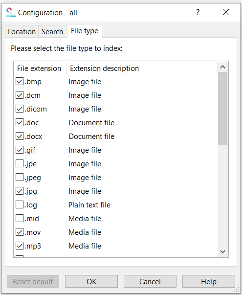 Select the file type to index
