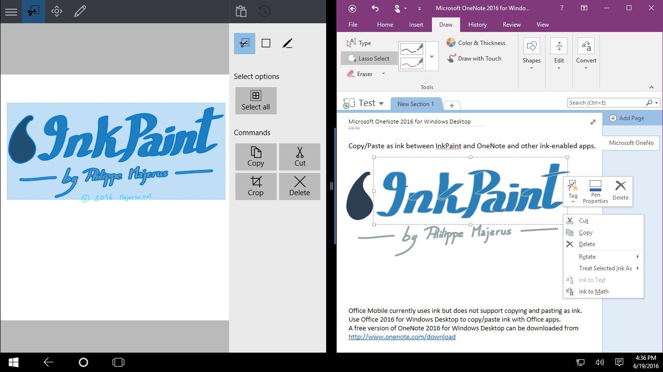 Copy-Paste ink with other ink-enabled apps such as OneNote