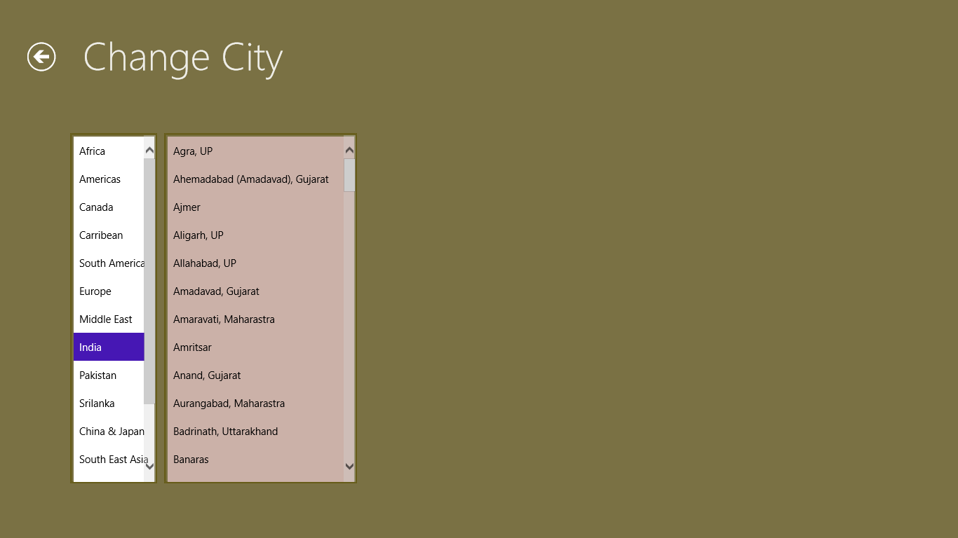 Page to select city of your choice