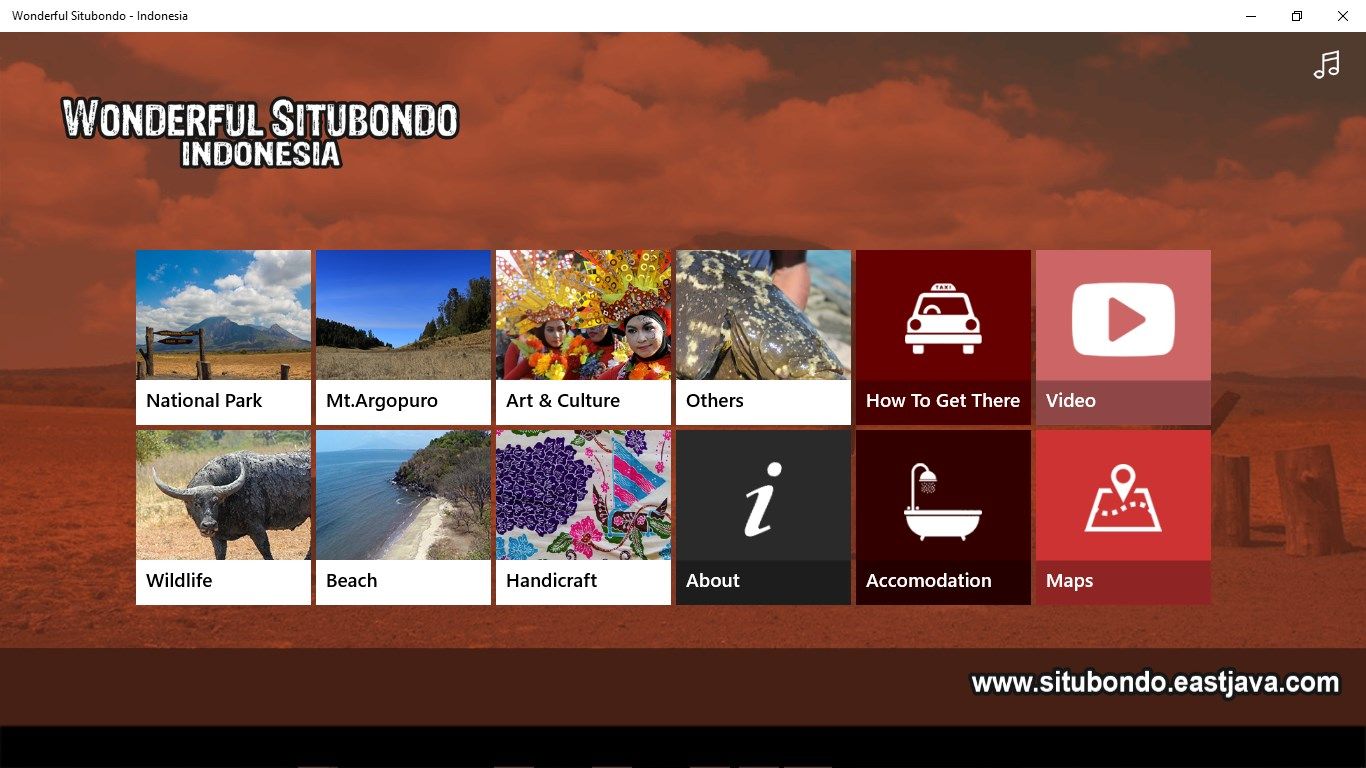 Wonderful Situbondo Indonesia is an app that show the exotic and interesting tourism places of Situbondo. There are many categories, ranging from variety tourism areas like beach, wildlife, mt.argopuro, and national park, art&culture, handicraft, and others that describe each segment and every information related.