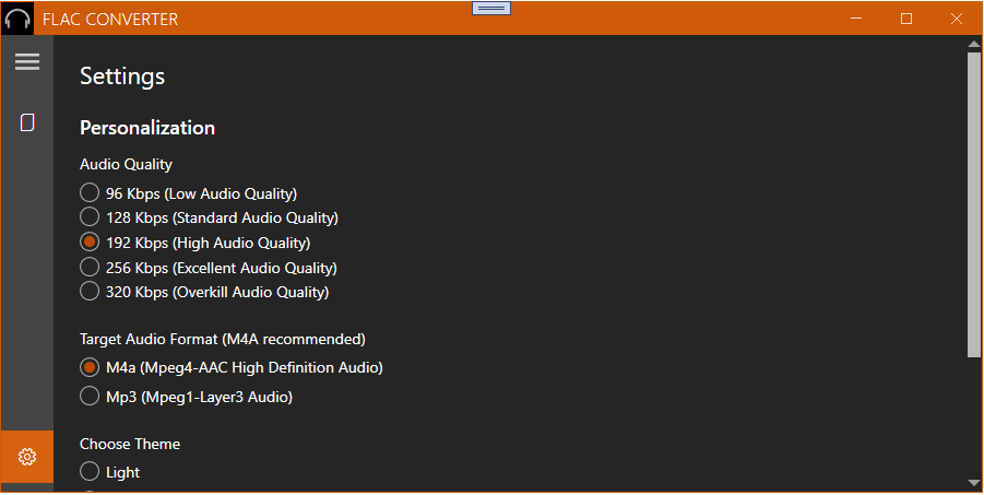 Settings page allow to select your desired quality level and choose the export format between M4a and Mp3.