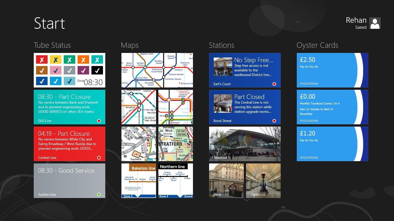 Three different kinds of live tiles. Including tube status, oyster card and station tiles.