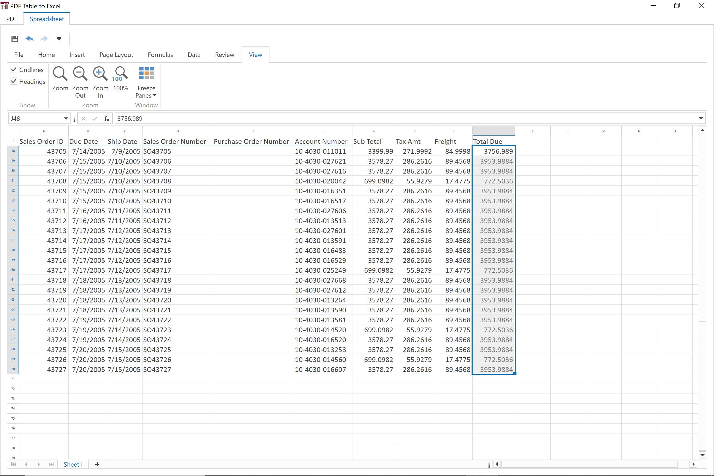 The spreadsheet display as additional pages are transferred.