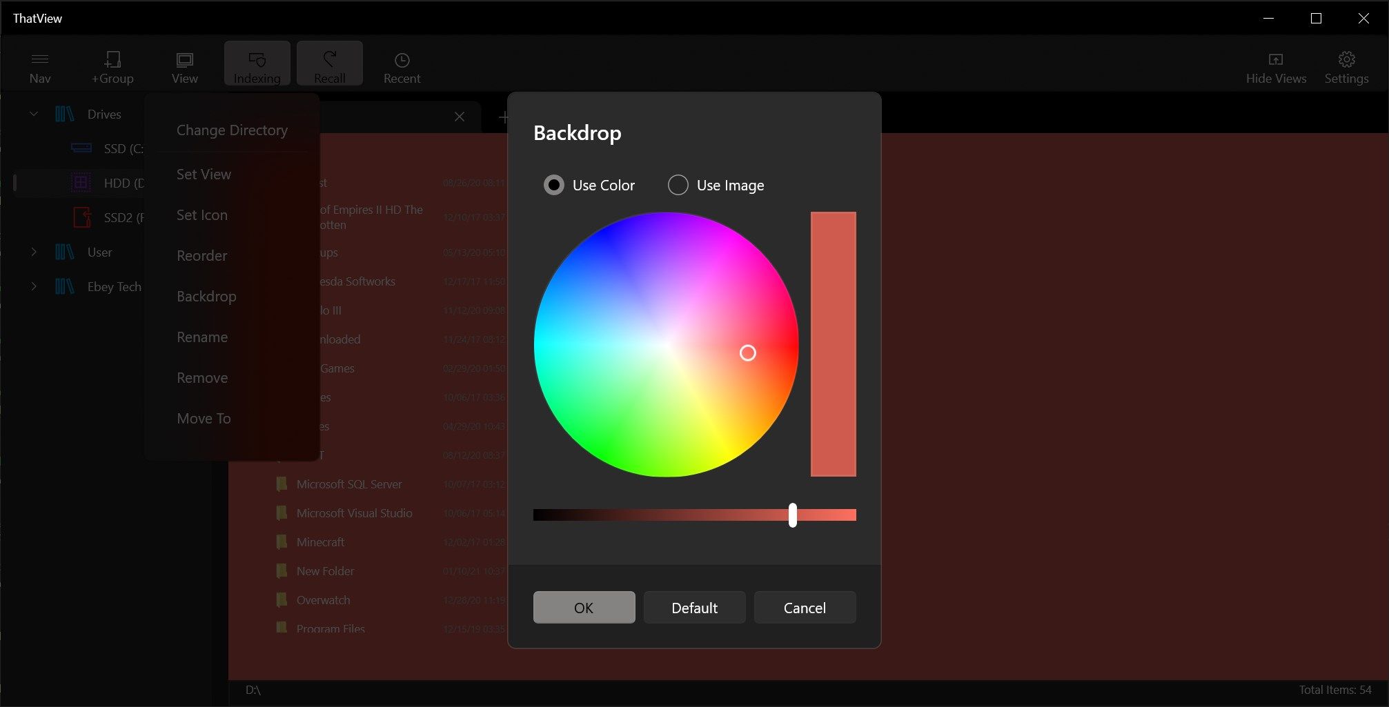 Showing Backdrop color options.