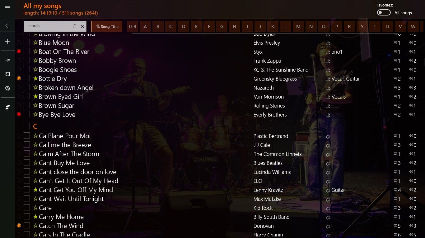 Overview of all songs added to your SongRepertoire collection. Supports various sort options and direct navigation with semantic zoom or (optional) index on screen. Switch between all songs and favorites list and much more...