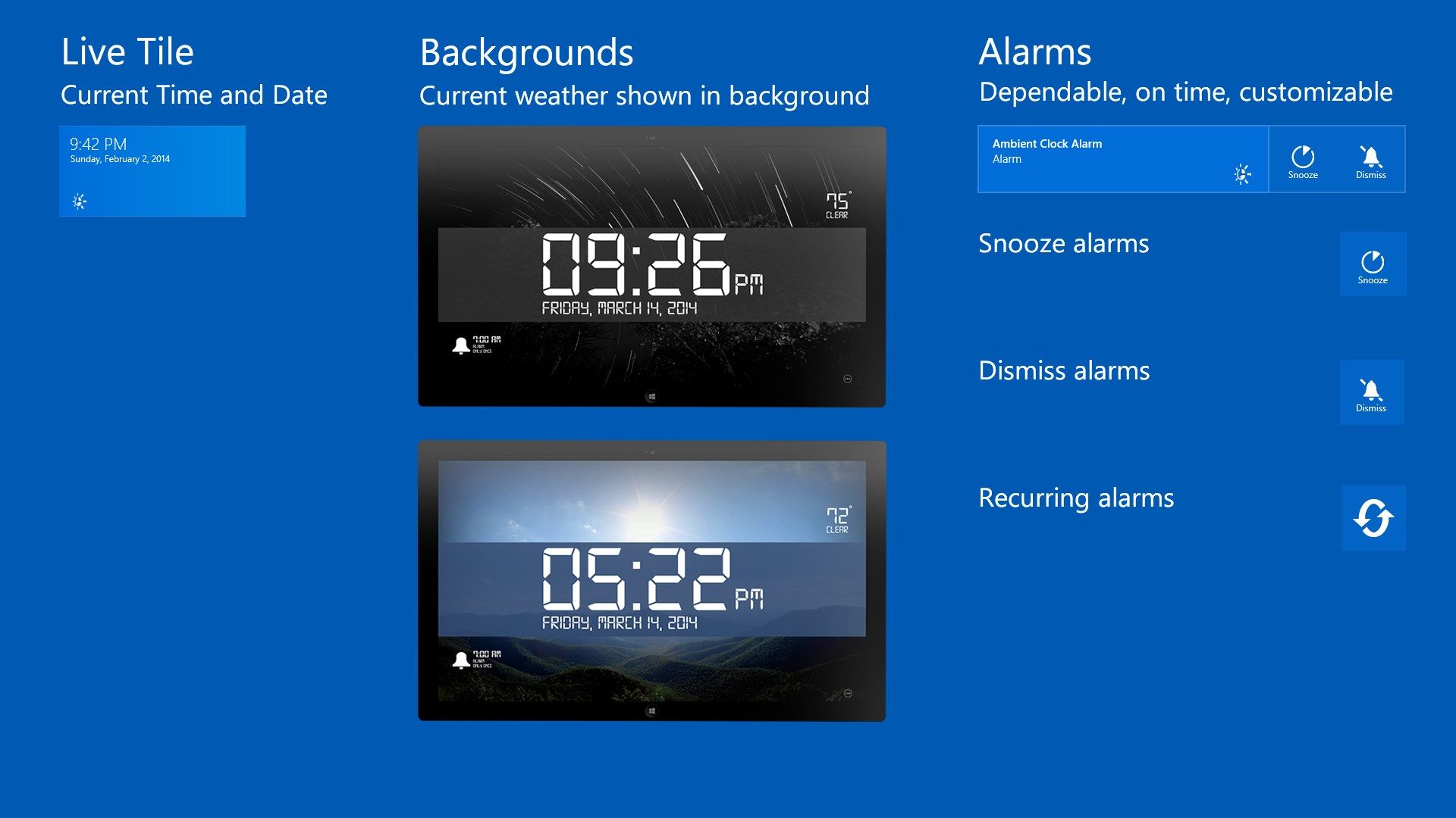 Live Tile, Backgrounds, Alarms