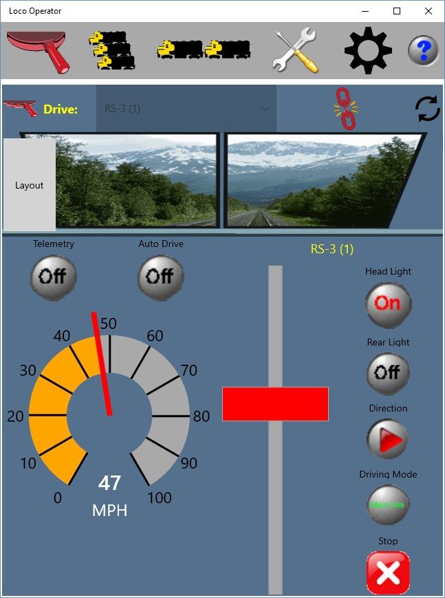 Select and drive your model locomotive fitted with a WifiTrax controller module. Use the large red throttle lever to control your speed. Get a real-time scale speedometer display, select forward or reverse, turn lights on and off and  optionally turn on telemetry (not shown) to view performance in real-time.