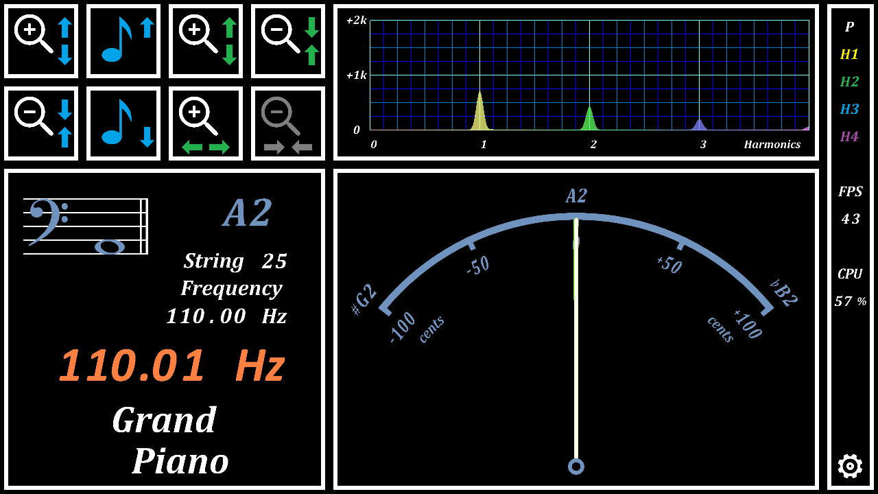 Sound signal spectrum and tuning indicator panes.