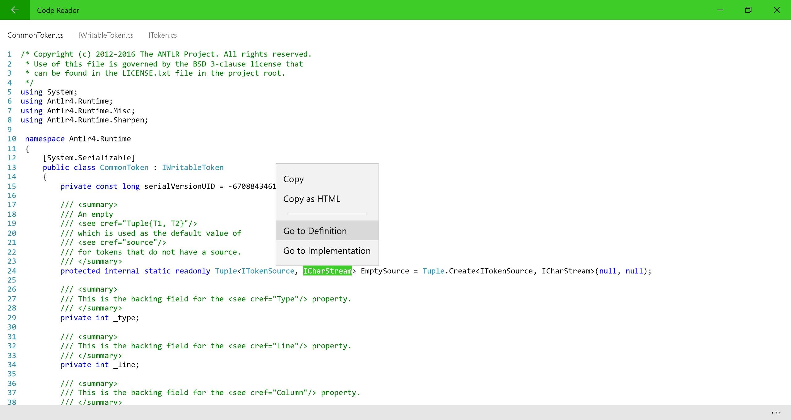 Language Service enabled Code View, showing colorful C# code, with context menu open