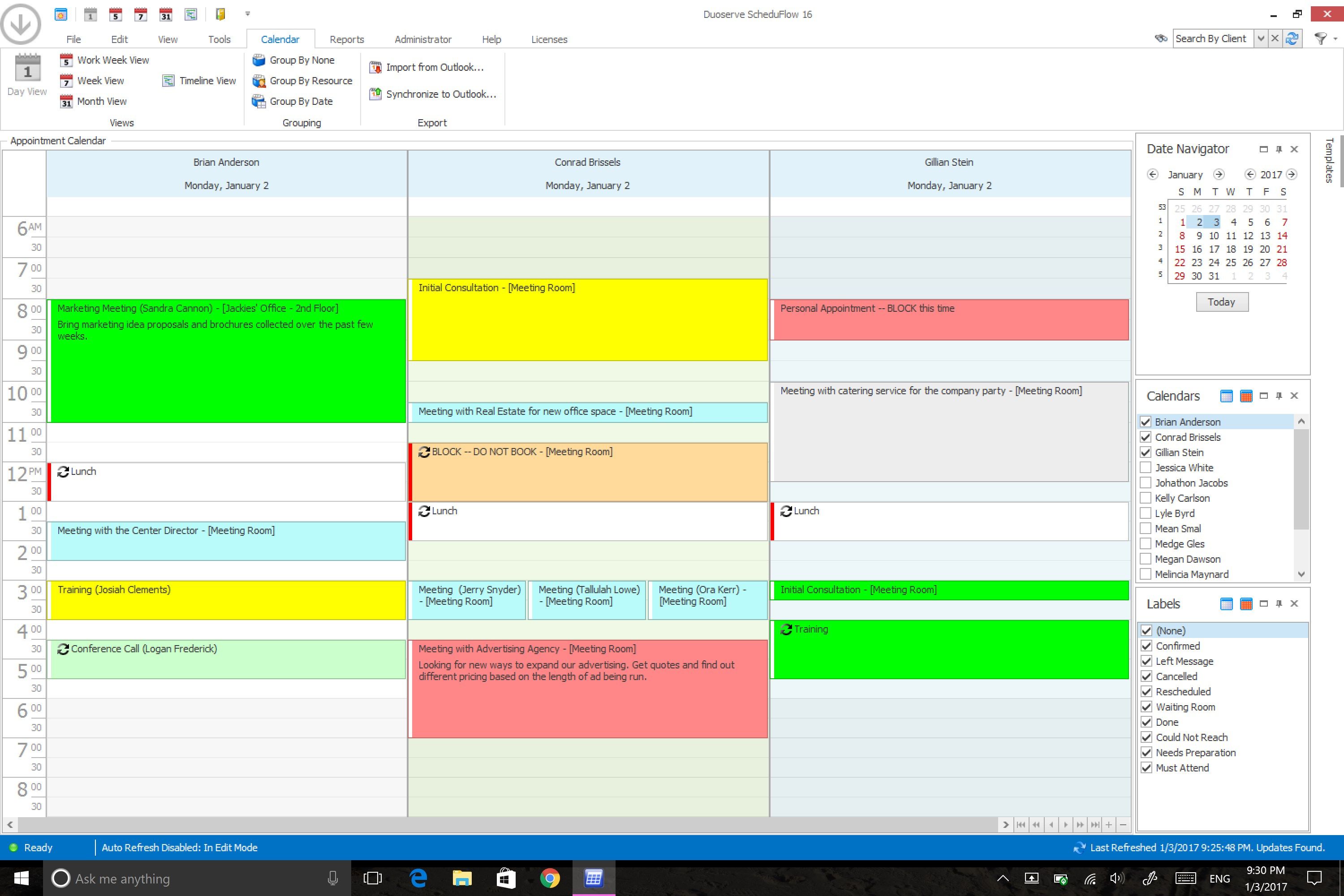 View your appointments/calendars for one or multiple resources side by side. Resources can be people such as your employees, places such as rooms, or things such as trucks, depending on what you are scheduling.