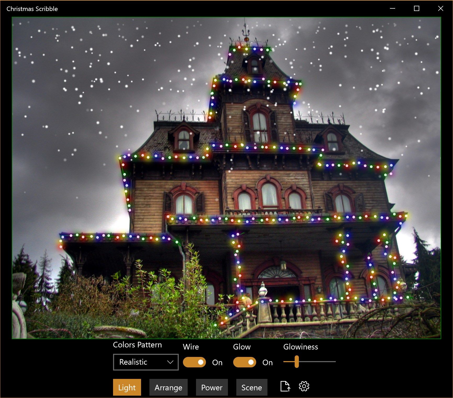 This foreboding mansion looks much cheerier adorned with lights! Uses the "realistic" color scheme.