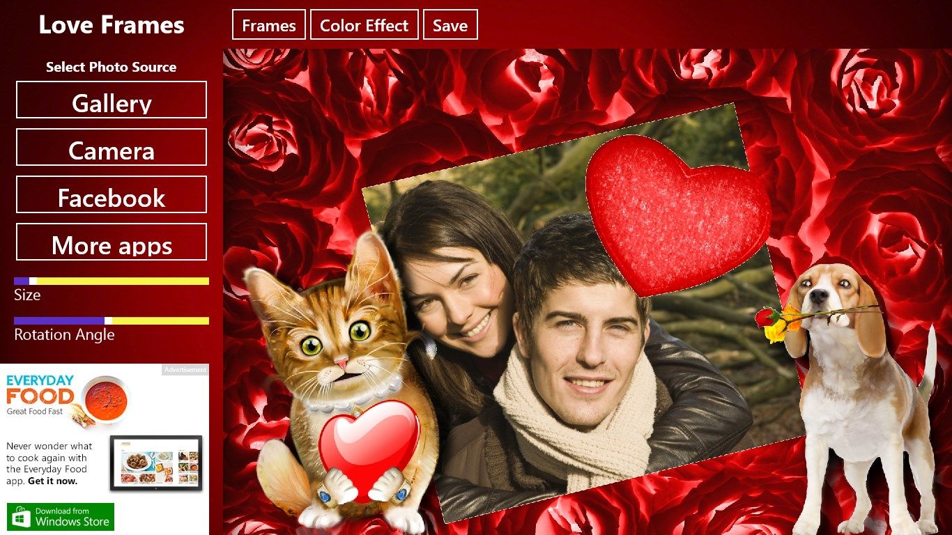 Picture preview of selected image overlaid with love frame