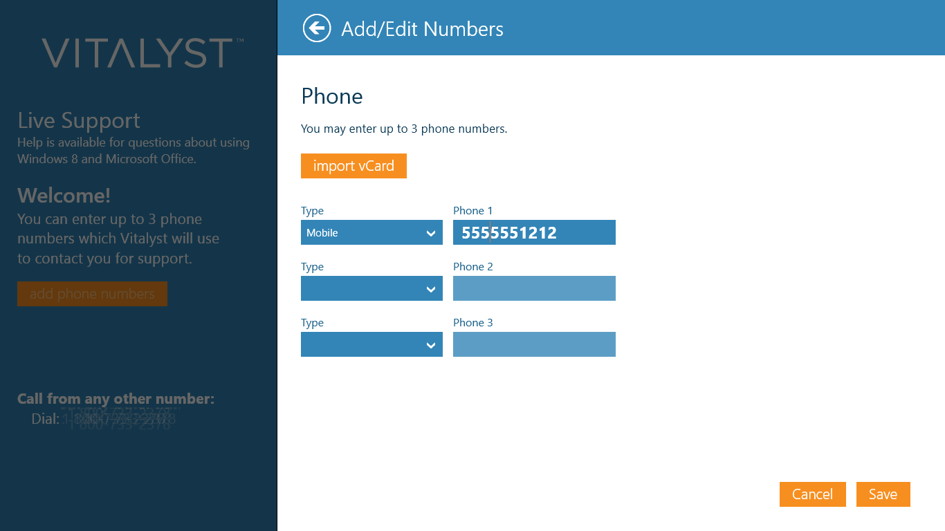 The Add/Edit Numbers screen. From here you can manually enter your telephone numbers, or import them from your vCard.