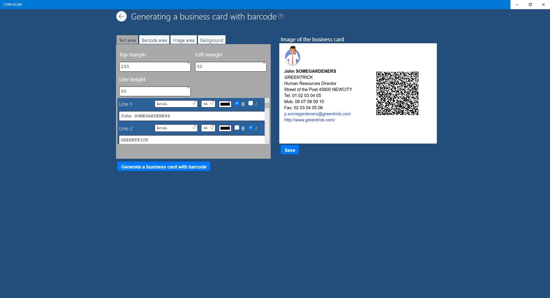 Generate business card generation with barcode