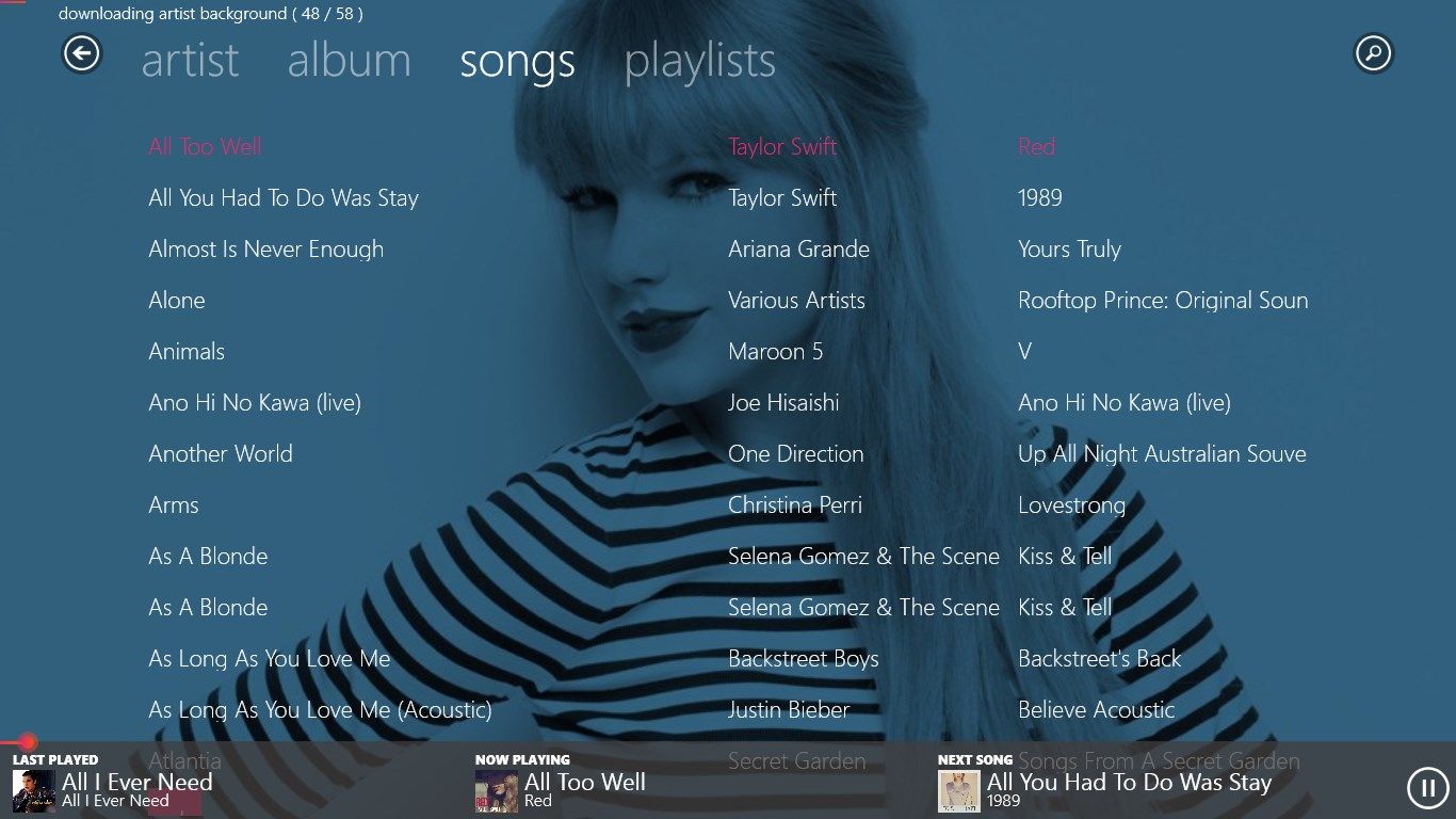 All songs screen