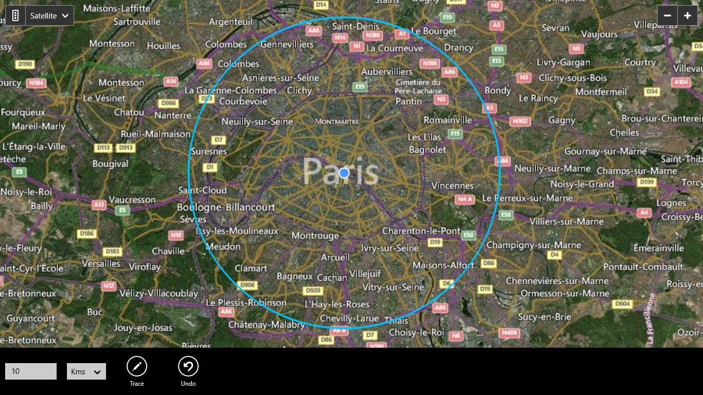 Exemple d'un cercle de 10 kms autour de Paris.